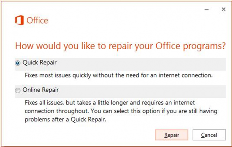 Select the repair option and follow the wizard to repair the MS Office